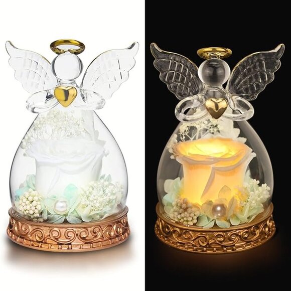 Real Preserved Rose Guardian Angel Glass Dome Copper Plated Base with LED Light - Picture 5 of 13